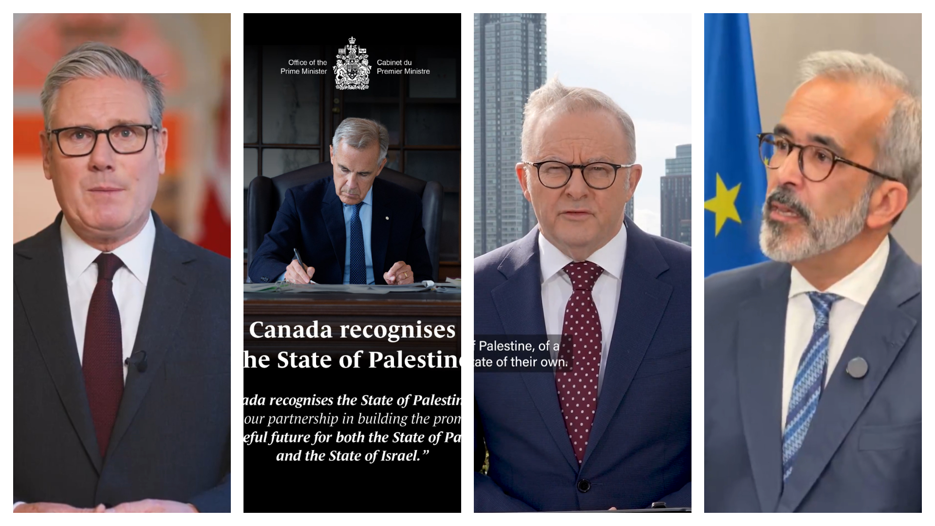 英國、澳洲與加拿大同時宣布承認巴勒斯坦國後，葡萄牙也跟進。（翻攝自X@Keir_Starmer、@AlboMP、@MarkJCarney、@nestrangeiro_pt）
