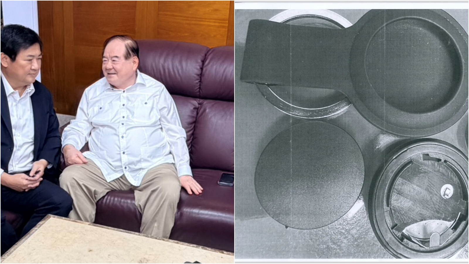 新北警察局副局長林武宏前往拜會李乾龍，不過李仍婉拒報案。右圖為遭拋棄的追蹤器照片。（警方提供）