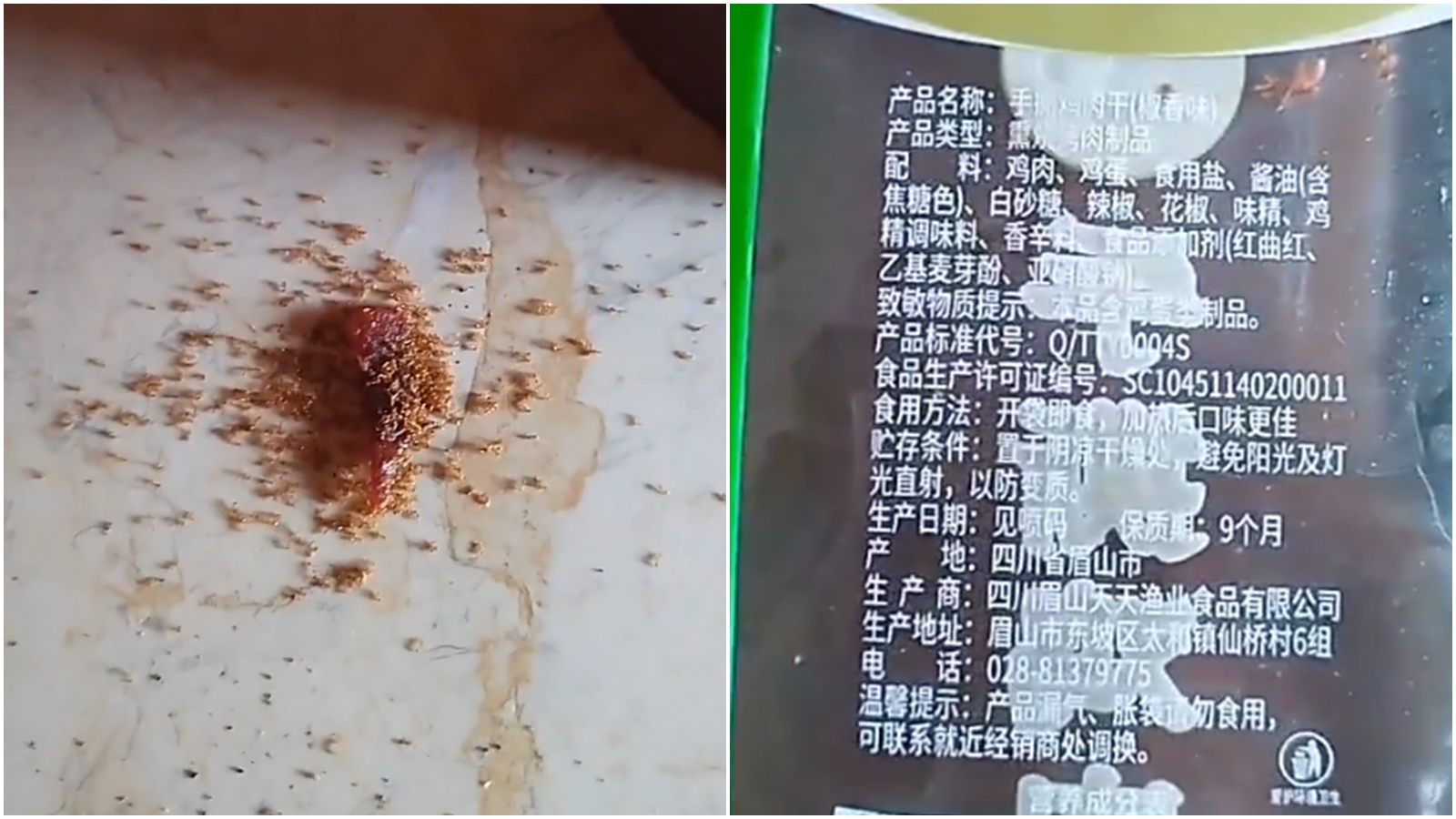 近期中國1名網友分享,小孩當零食吃的肉乾,碎屑滿地吸引的螞蟻群啃食,然而螞蟻群很快全軍覆沒。(翻攝自X@tiantian108)