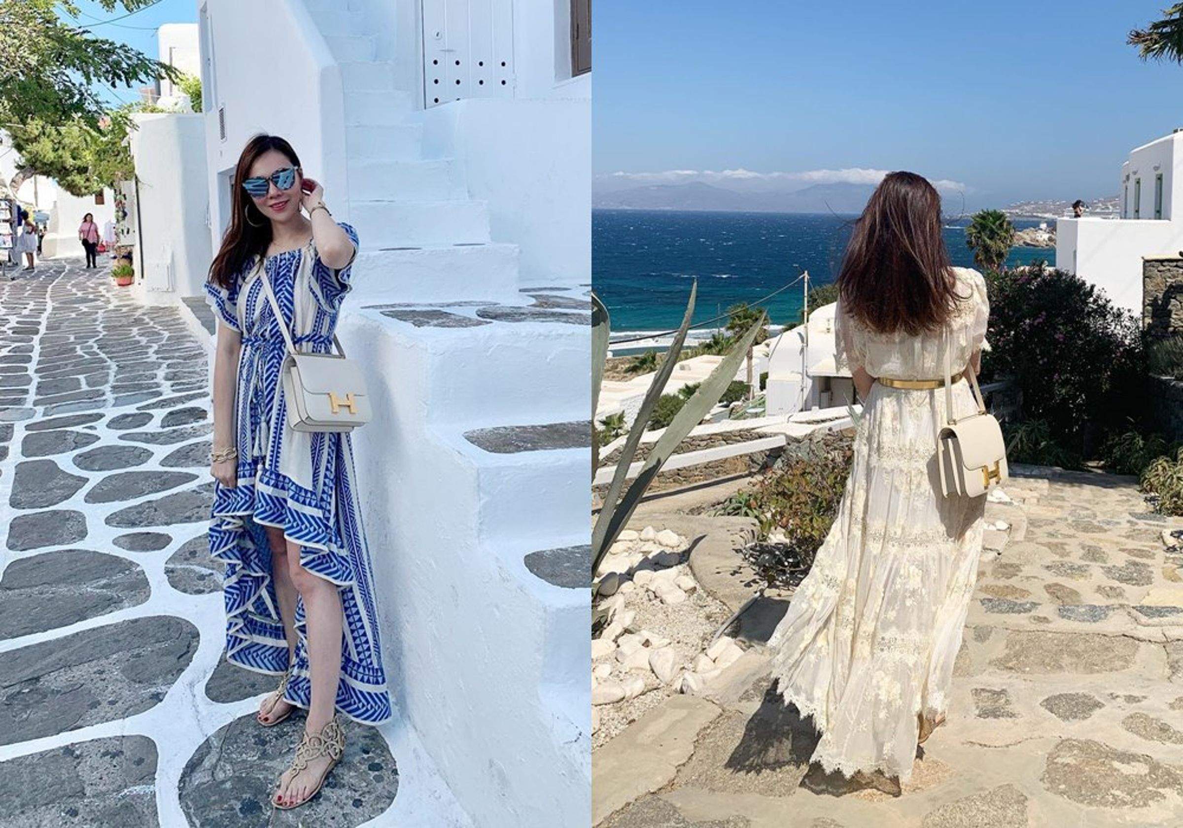 曾馨瑩過去到希臘旅遊，背著奶油白Constance 24入鏡。（翻攝曾馨瑩IG）