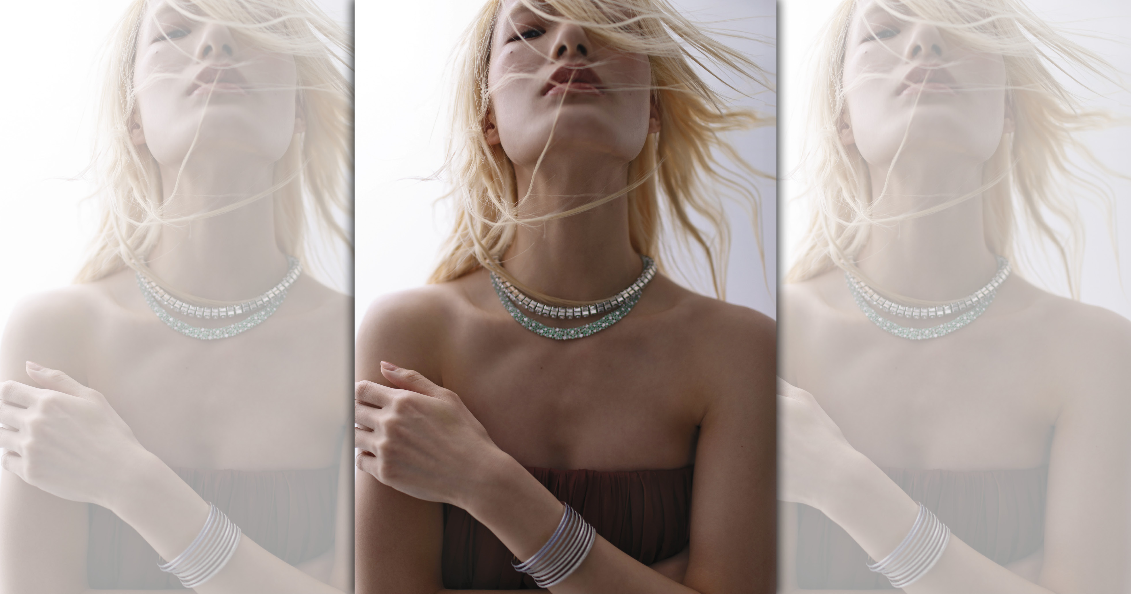 磚紅色平口連身洋裝 NT$143,000 by FERRAGAMO；Fling跟鞋 NT$34,500 by FENDI；（上）GIA項鍊 NT$4,700 by ALLSAINTS；（下）淡綠色水滴項鍊 NT$18,700 by APM MONACO；（左）淡藍色線條密鑲手鐲 NT$14,900 by APM MONACO（右）線條密鑲手鐲 NT$14,900 by APM MONACO。