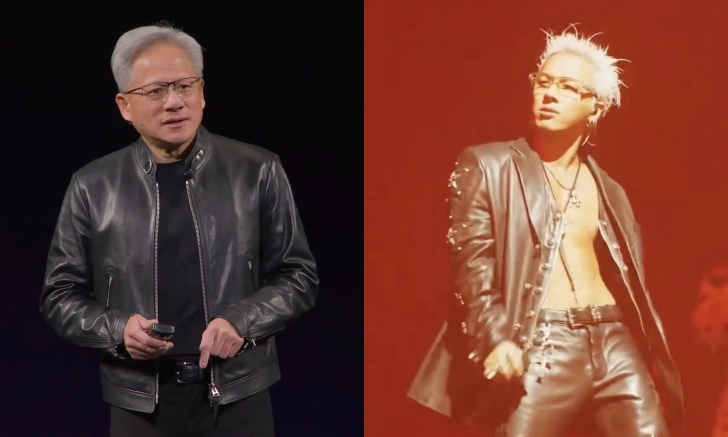 BIGBANG太陽白髮、戴眼鏡造型登科切拉音樂節，被迷因9ag將他與AI教父黃仁勳放在一起比對，網友笑喊「是阿爸和歐爸！」（左網路圖片、右翻攝科切拉IG）