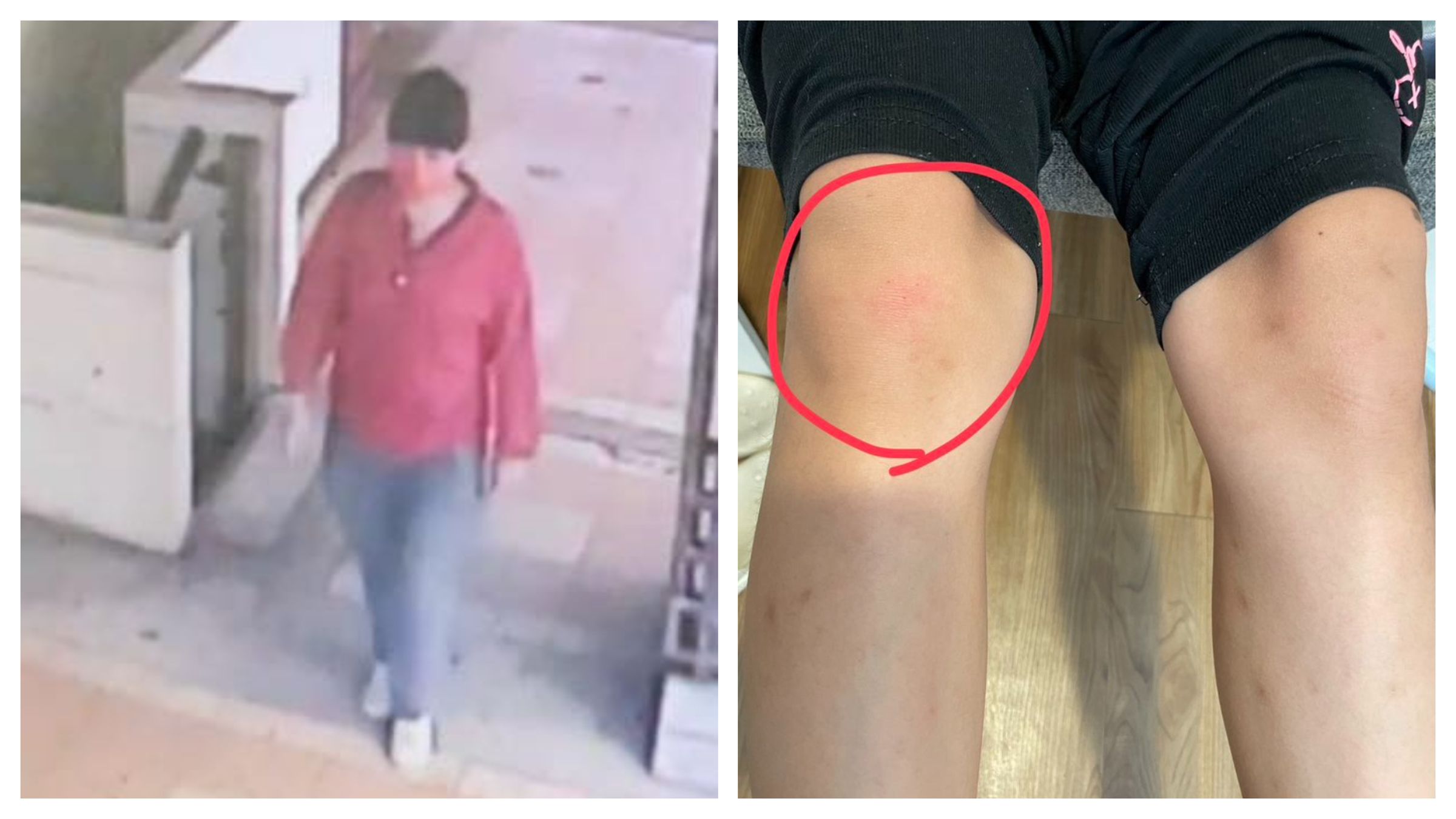 身穿紅衣的中年女子在台中街頭突然推倒女童,造成女童膝蓋擦挫傷。(翻攝自臉書@台中市西屯區 大小事 社團)