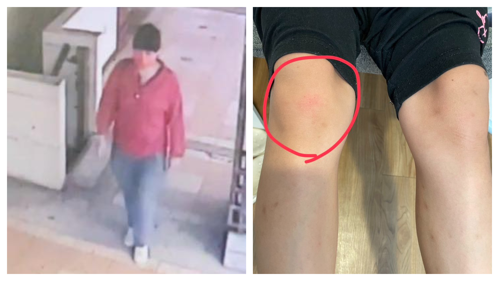 身穿紅衣的中年女子在台中街頭突然推倒女童，造成女童膝蓋擦挫傷。（翻攝自臉書@台中市西屯區 大小事 社團）