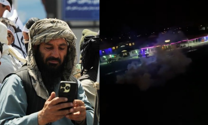 阿富汗首都喀布爾街頭民眾使用手機卻無法上網，陷入「斷網黑暗期」。（翻攝自X）