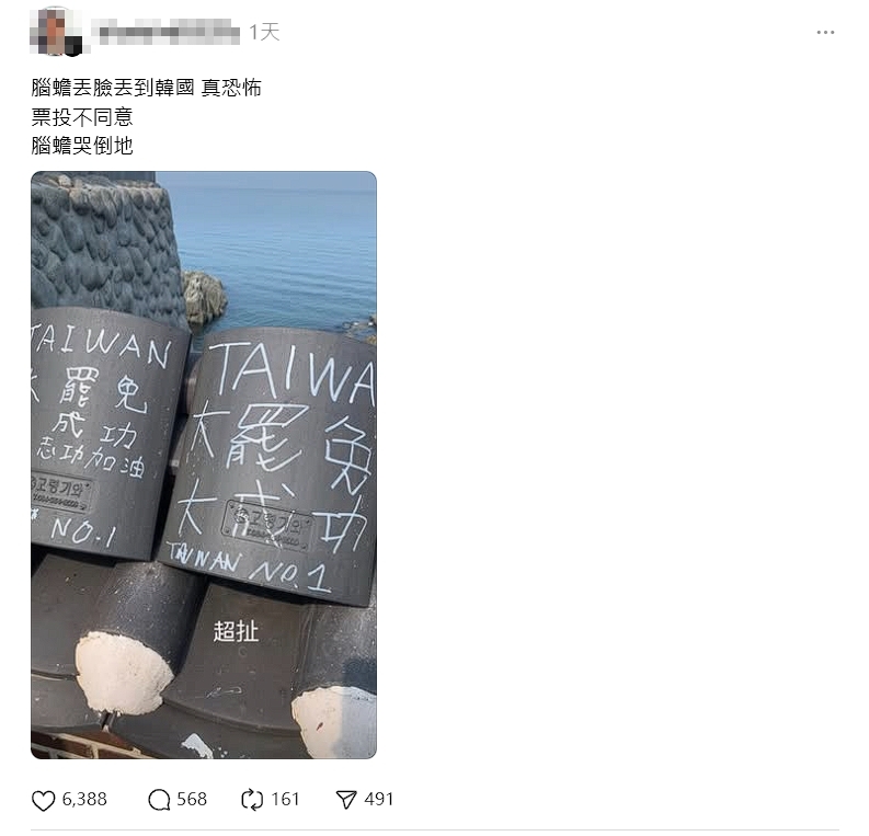 網友在Threads發文指出釜山的一處景點被寫上「大罷免大成功」，批青鳥丟臉丟到韓國。（翻攝自Threads）