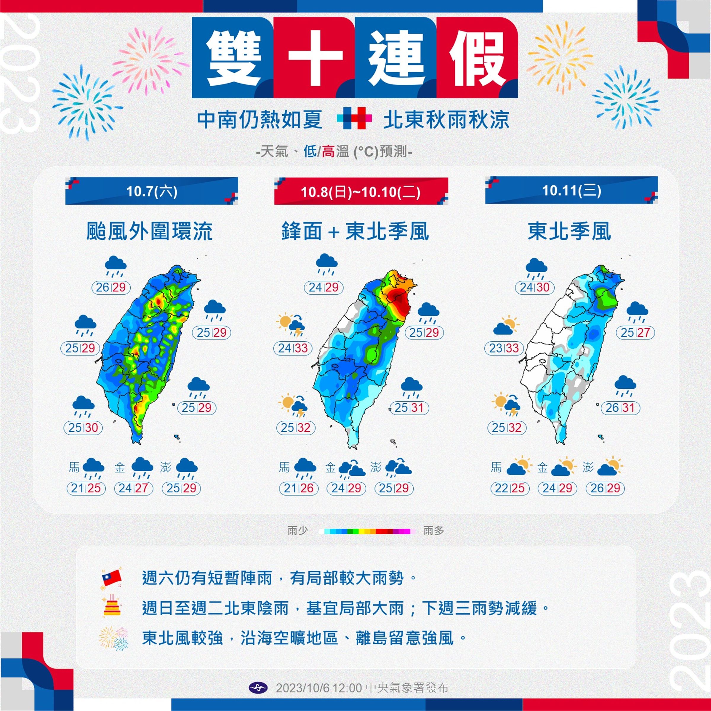 雙十連假天氣概況。(中央氣象署提供)