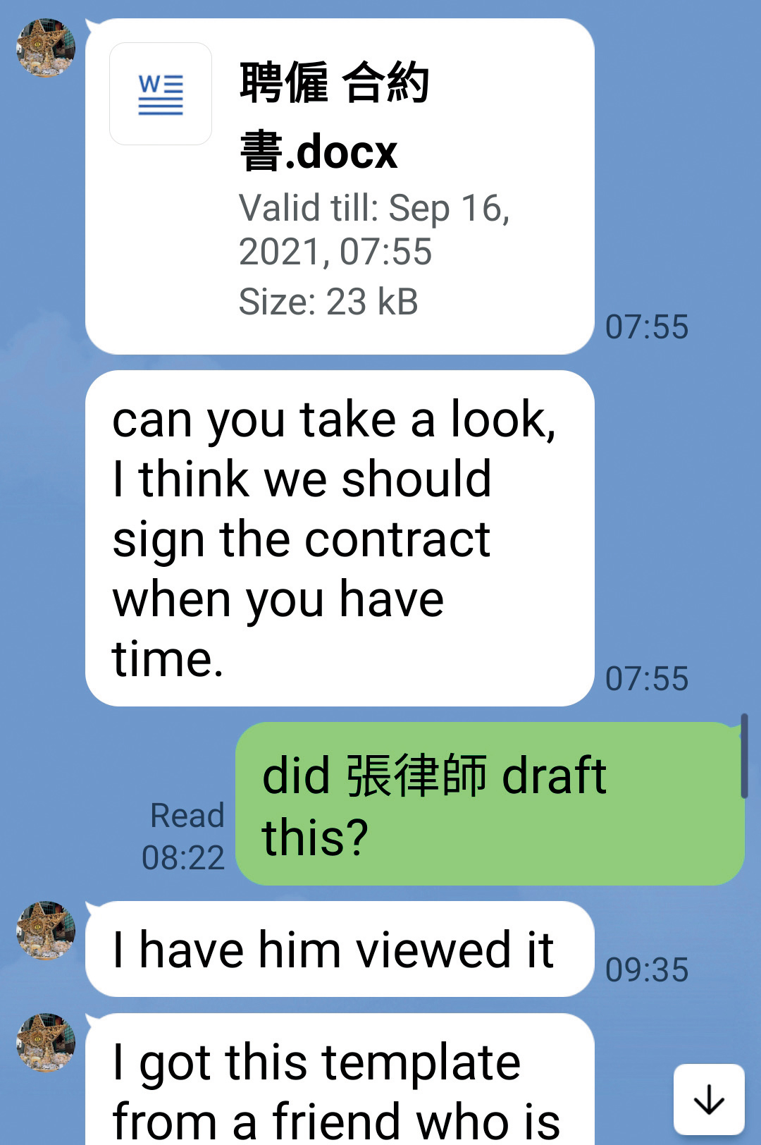 阮蘭婷曾自擬雇傭合約，並傳給負責醫院經營的阮馨嬅確認。（讀者提供）