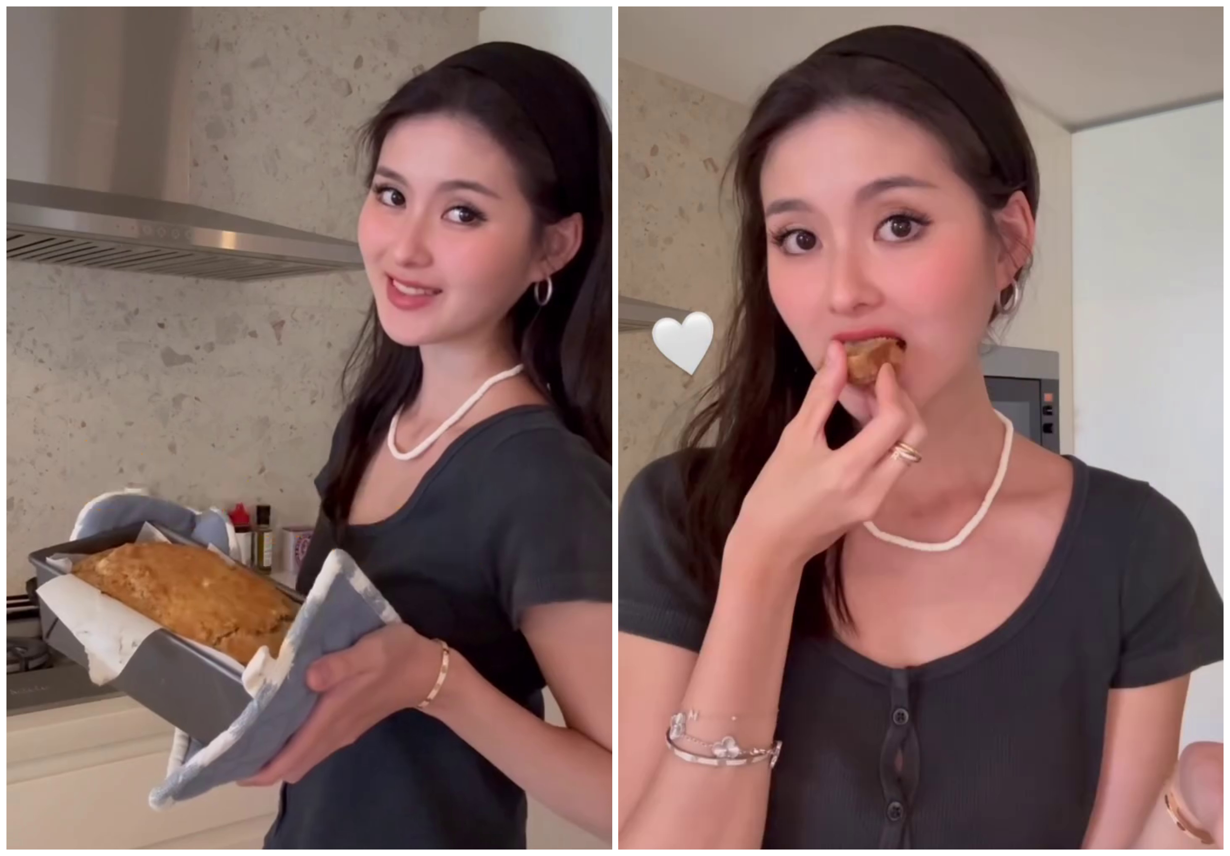 廖思惟秀手藝，分享製作楓糖香蕉蛋糕的過程。（翻攝inmomentsofstillness IG）