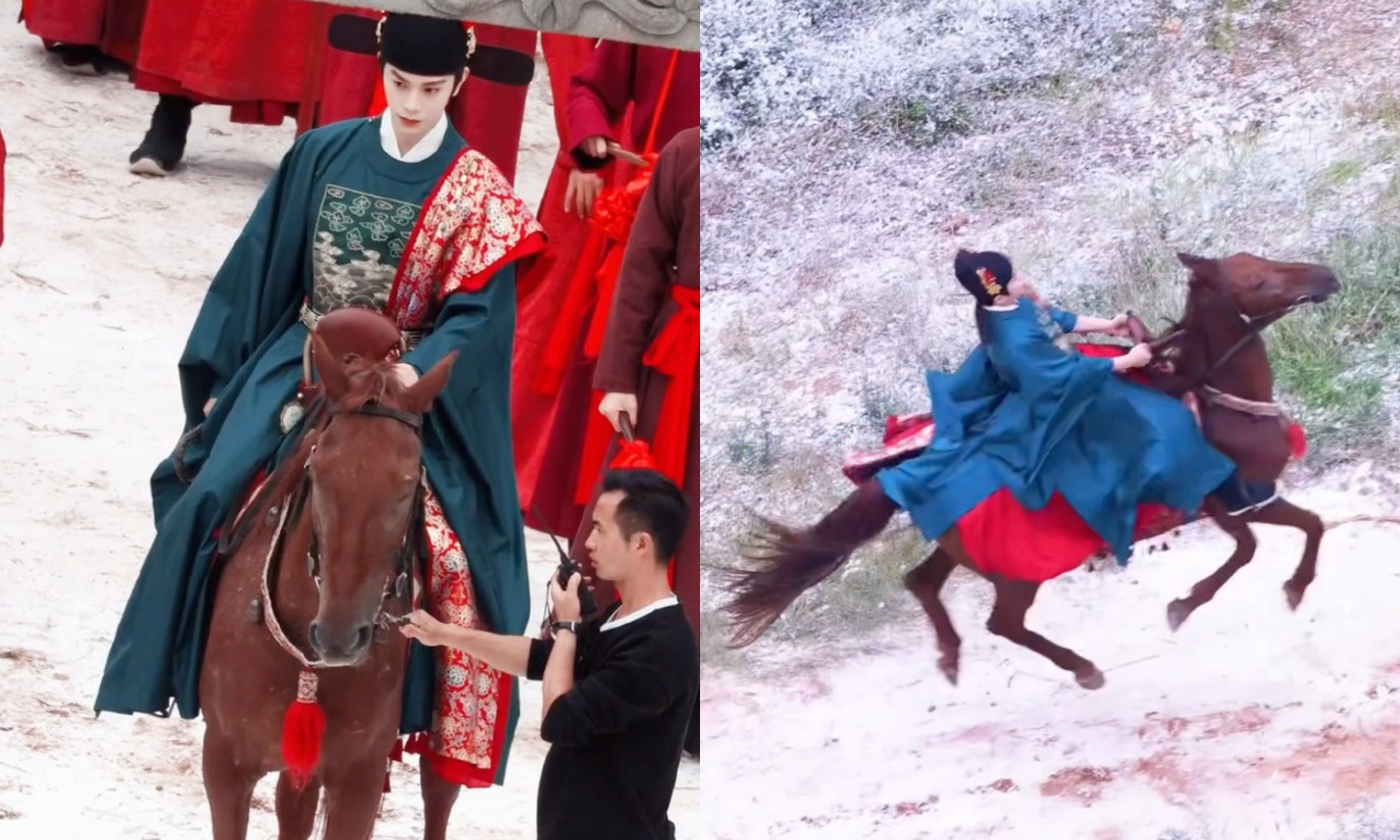 大陸男星丁禹兮拍攝騎馬戲，卻遇到馬匹失控狂奔，身體一度失去重心。（網路圖片）