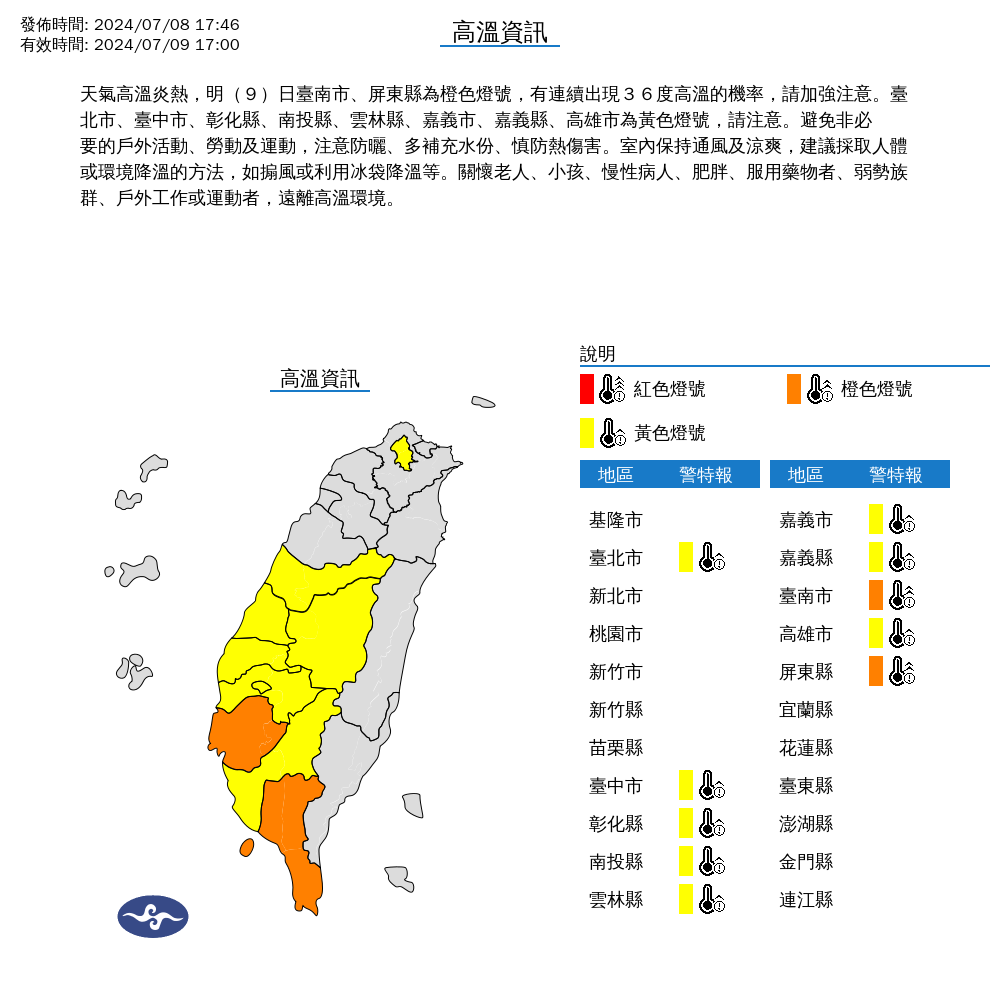 中央氣象局針對10縣市發布高溫資訊。(中央氣象署提供)