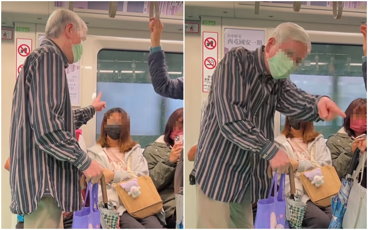 有位滿頭白髮的阿公不滿年輕女性坐在博愛座，多次狂罵對方試圖趕人。（翻攝自爆廢公社）