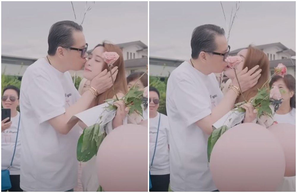 歐陽龍對女兒親嘴又親臉，顯見父女感情好。（翻攝歐陽妮妮YouTube頻道）