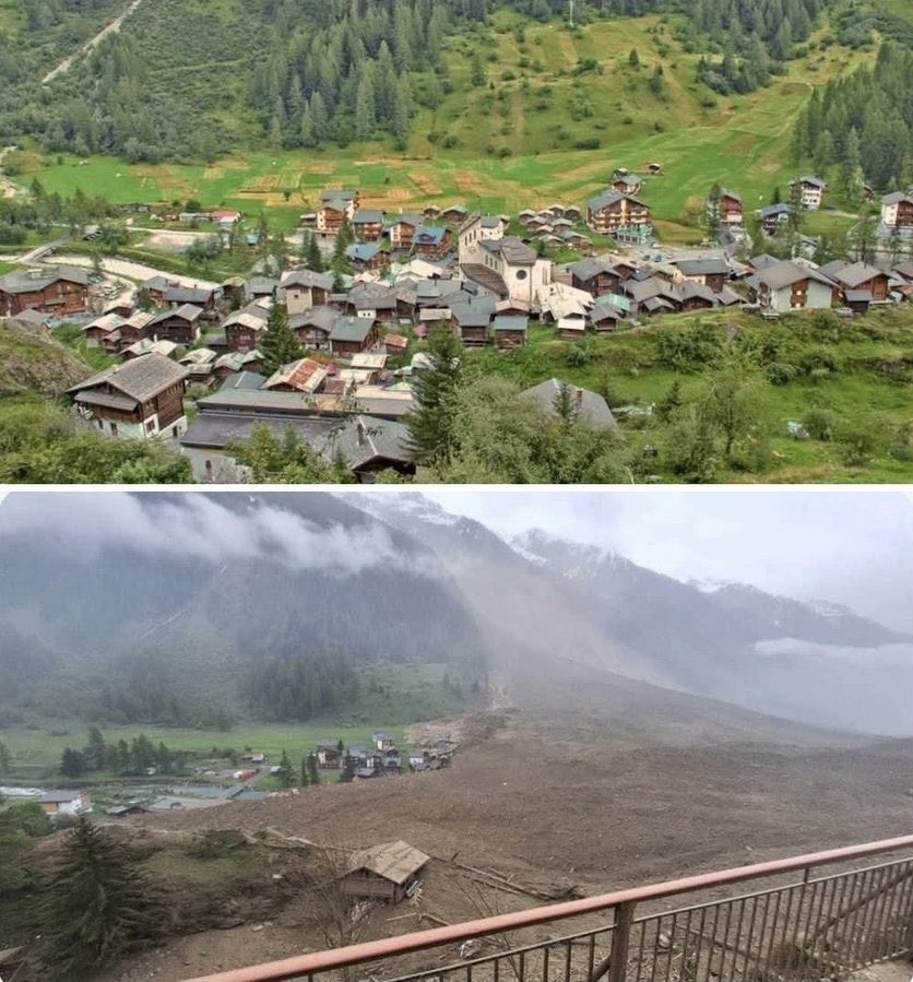 崩塌前的布拉滕村如童話小鎮（上圖），冰河崩塌後，美麗的家園盡毀（下圖）。（翻攝X@Top_Disaster）