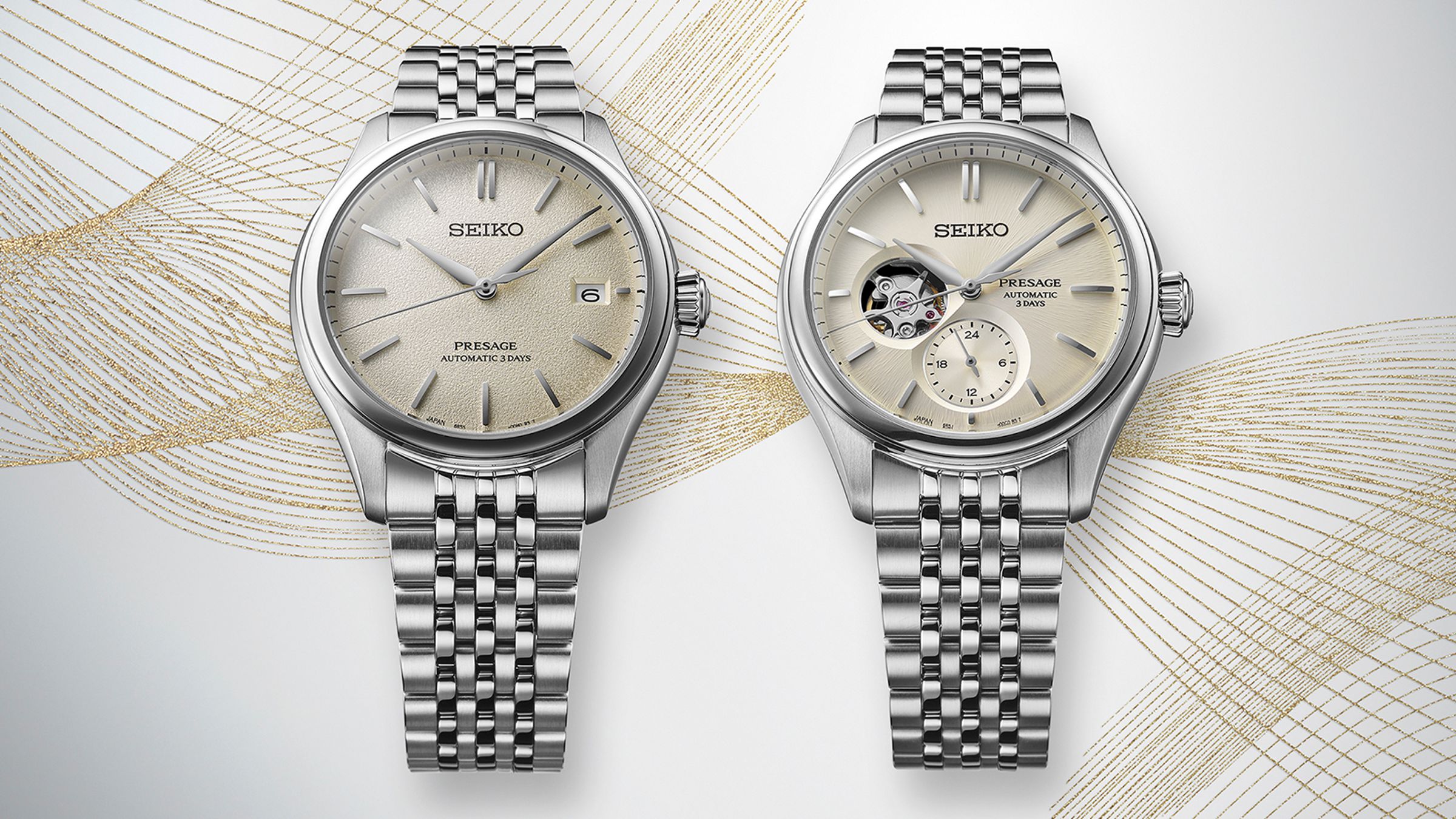 SEIKO SPB463J1（左）錶徑40.2mm／不鏽鋼材質／時、分、秒、日期指示／6R55自動上鍊機芯／動力儲存72小時／防水10大氣壓／定價NT$34,000｜SPB469J1（右）錶徑40.2mm／不鏽鋼材質／時、分、秒指示；24小時制顯示／6R5J自動上鍊機芯／動力儲存72小時／防水10大氣壓／定價NT$40,000
