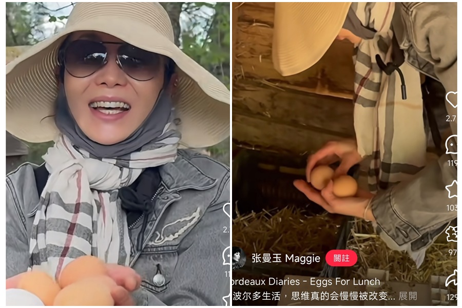 張曼玉分享去年赴法國波爾多鄉間訪友的影片，連去撿雞蛋都穿得很有型。(張曼玉小紅書)