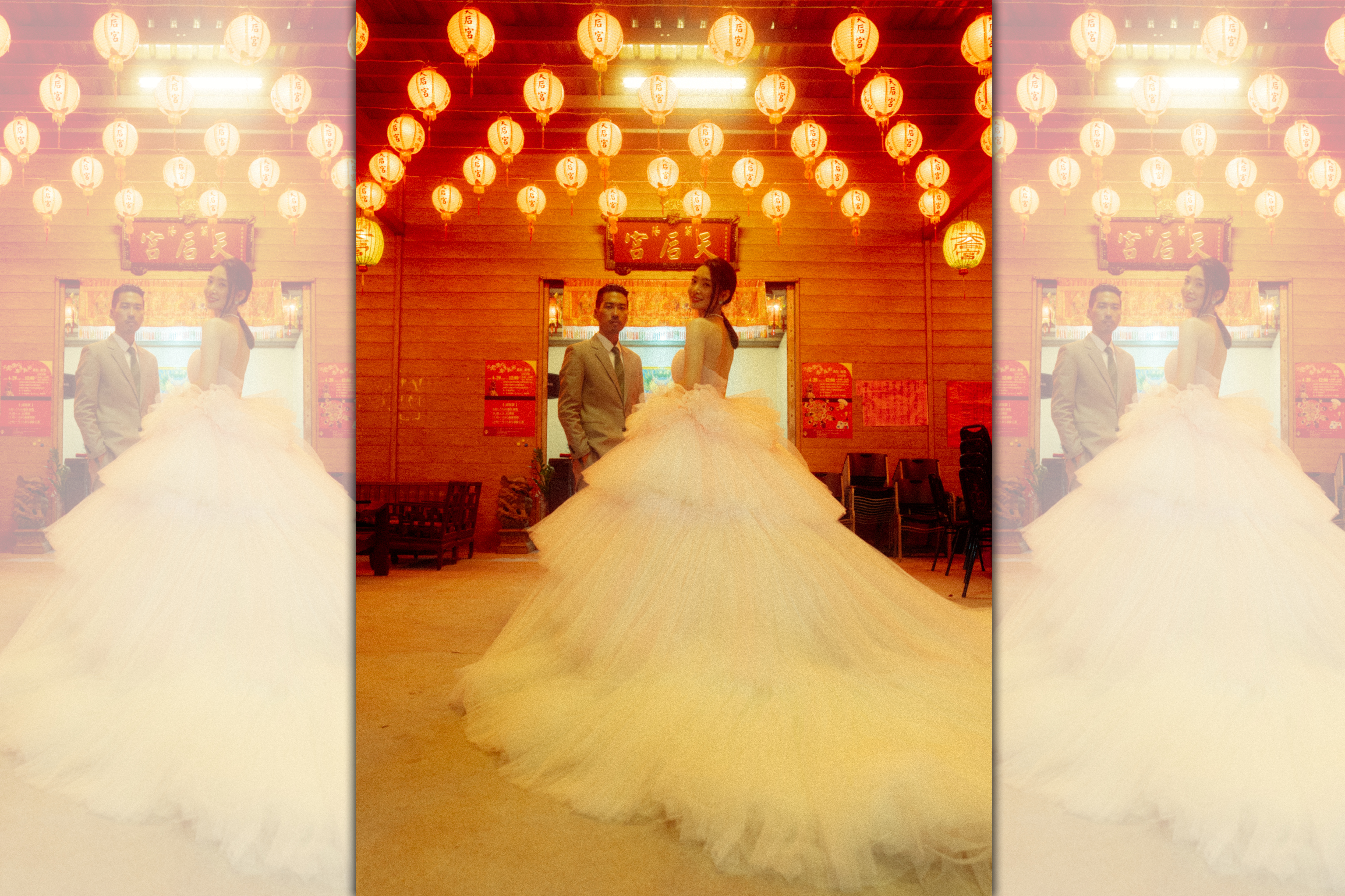 李亦捷家裡開宮廟，因此文定就在娘家廟口辦桌。（李亦捷提供）