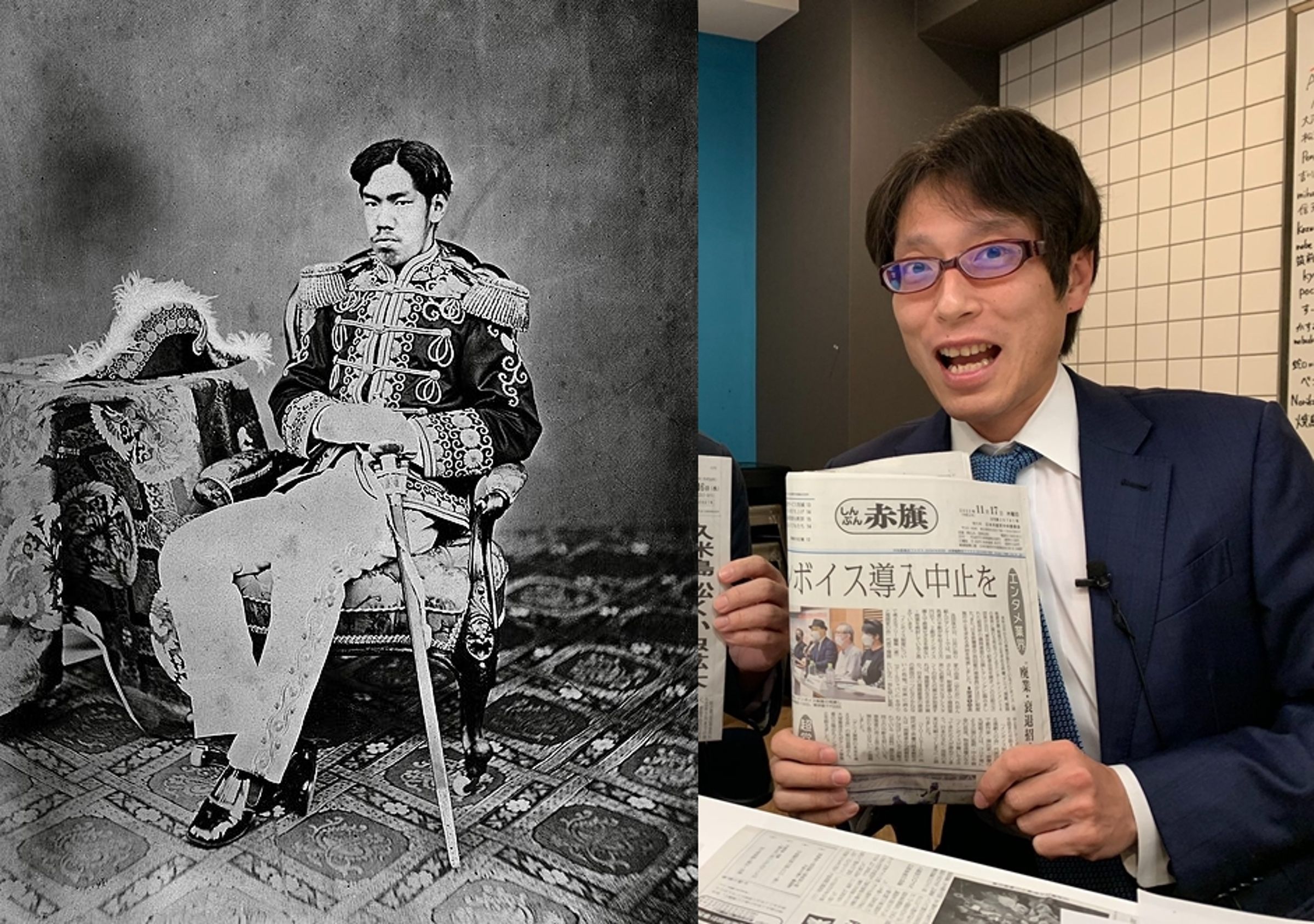 明治天皇(左)的玄孫、日本知名作家竹田恆泰先生(右),透過社群平台發表了措辭強硬的反擊。(翻攝自維基百科、竹田恆泰X)