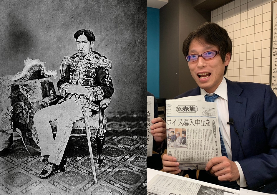 明治天皇（左）的玄孫、日本知名作家竹田恆泰先生（右），透過社群平台發表了措辭強硬的反擊。（翻攝自維基百科、竹田恆泰X）