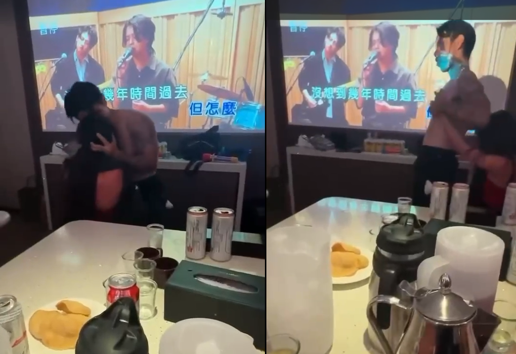 檢舉影片中可見女少校與男陪侍有貼臉、撫摸等親密舉動。(讀者提供)