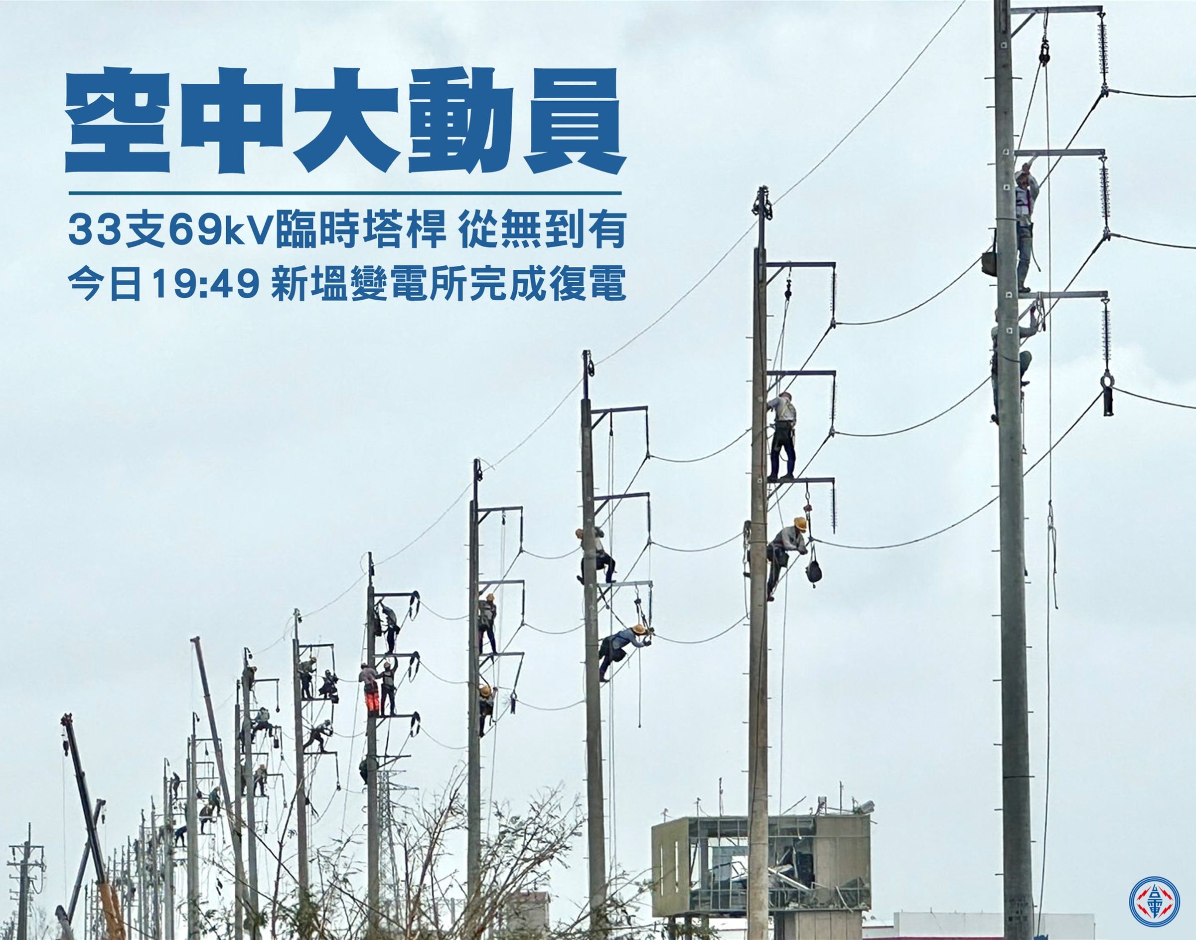 台電空中大動員,緊急動員全國百名人力,在67小時內完成33支臨時桿塔的架設與拉線,成功讓新塭變電所恢復供電。(翻攝自臉書)