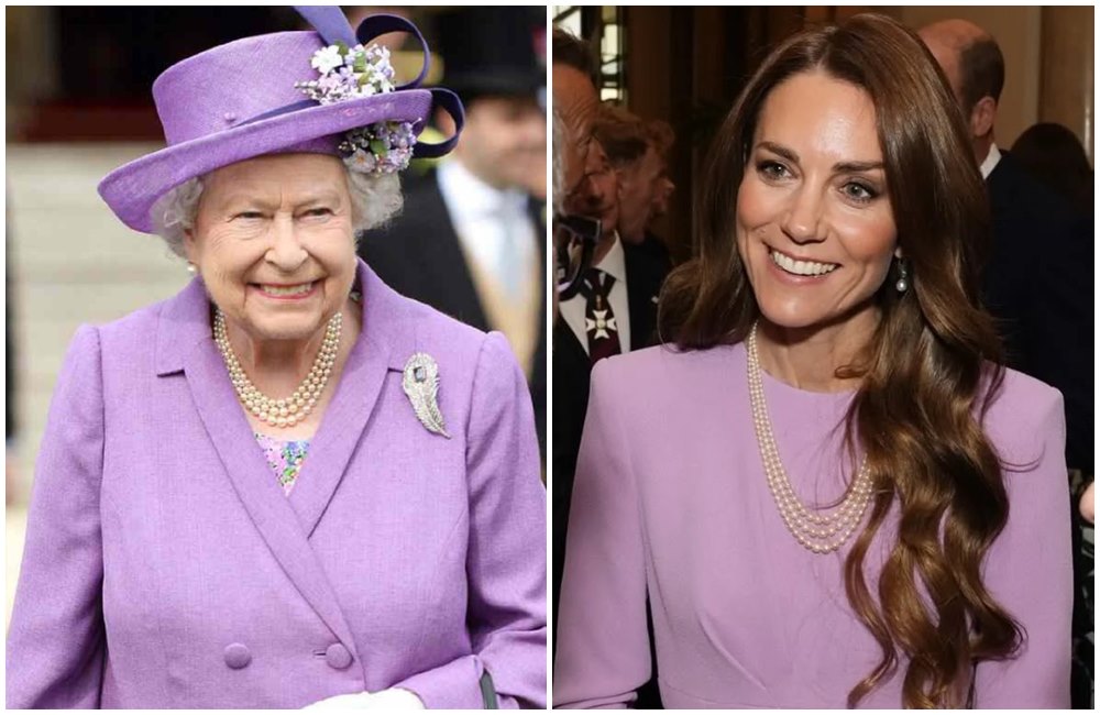 凱特王妃配戴女王生前的珍珠耳環、項鍊，向女王的穿衣風格致敬。（翻攝englishroyalstyle　Threads／X@Katrnish）