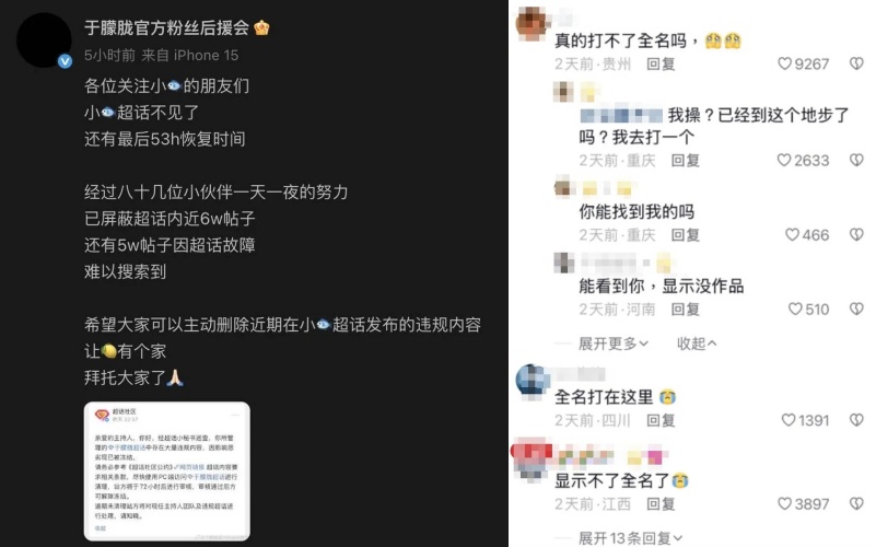 微博輸入「于朦朧」已經無法顯示，網友改用「小🐟」代號悼念。管理員號召80多名粉絲幫忙刪文，只為守住最後的「家」。（翻攝自微博）