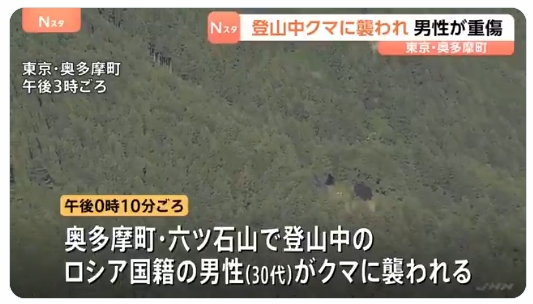 1名俄羅斯籍男子獨自爬山,卻於JR青梅線奧多摩站西側入口的小中澤林道終點附近,遭黑熊襲擊導致傷勢嚴重,目前已送醫治療。(翻攝自JNN NEWS)