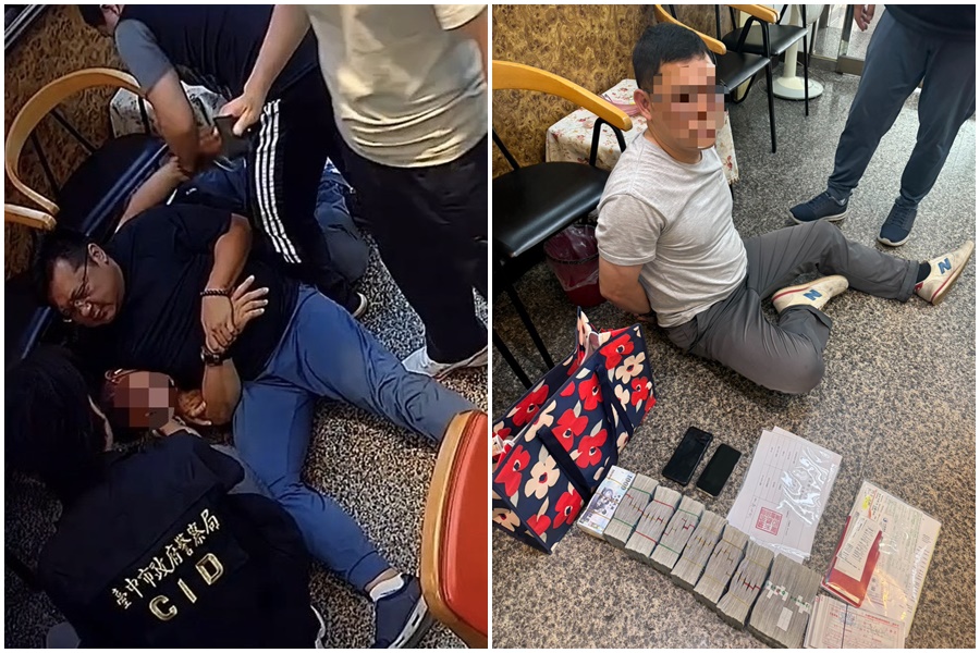 員警施以大外割之技，順利壓制該名體格壯碩之犯嫌。（翻攝畫面）