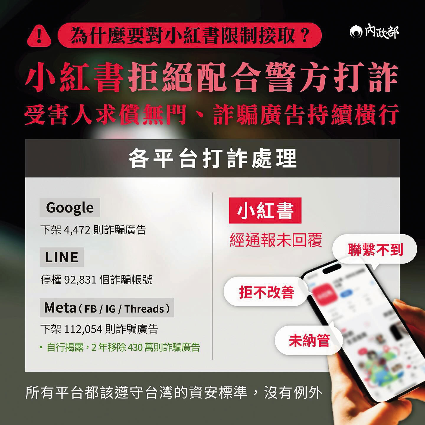 內政部宣布小紅書禁令隔天，綠委在群組抱怨圖卡（圖）給得太慢。（翻攝內政部臉書）