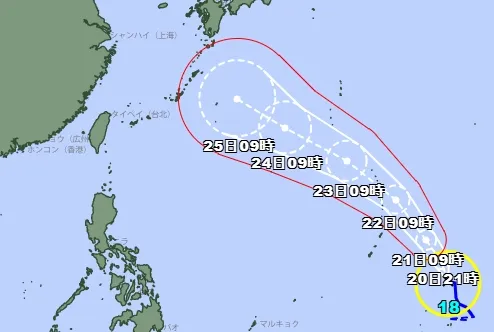 輕颱「沙德爾」持續往北北西方向移動，日本氣象廳直指一路會增強，估週日中心附近最大風速將飆至45公尺。（翻攝自日本氣象廳官網）
