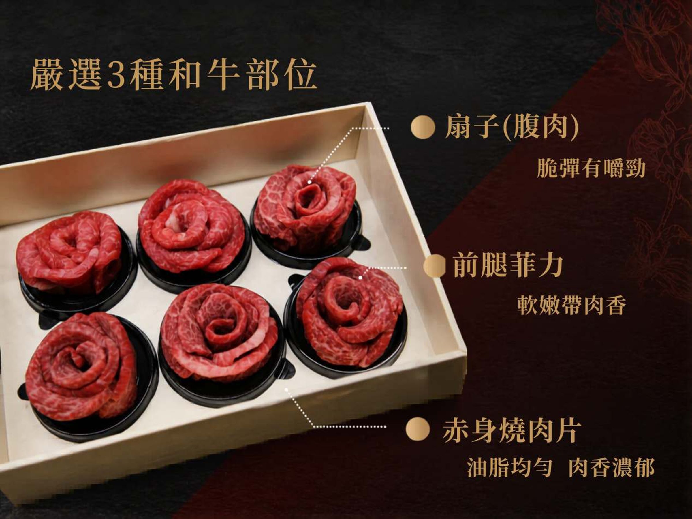每朵玫瑰均以黃金比例拼配和牛的三款部位，包括扇子肉（腹肉）的脆彈嚼勁、前腿菲力的軟嫩肉香和赤身燒肉片的濃郁風味。（和牛十圖提供）