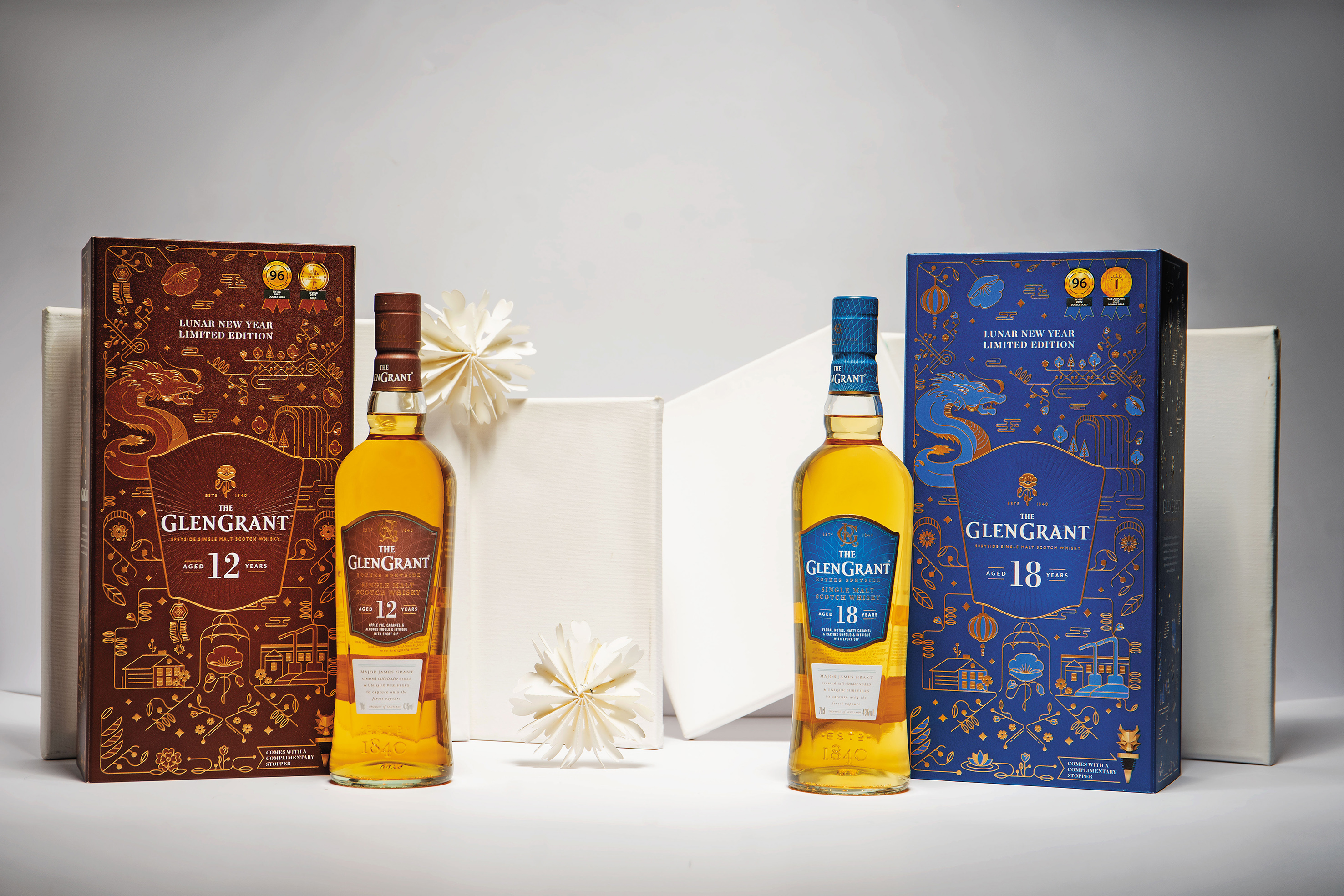 左為格蘭冠12年單一麥芽威士忌，右為格蘭冠18年單一麥芽威士忌。
