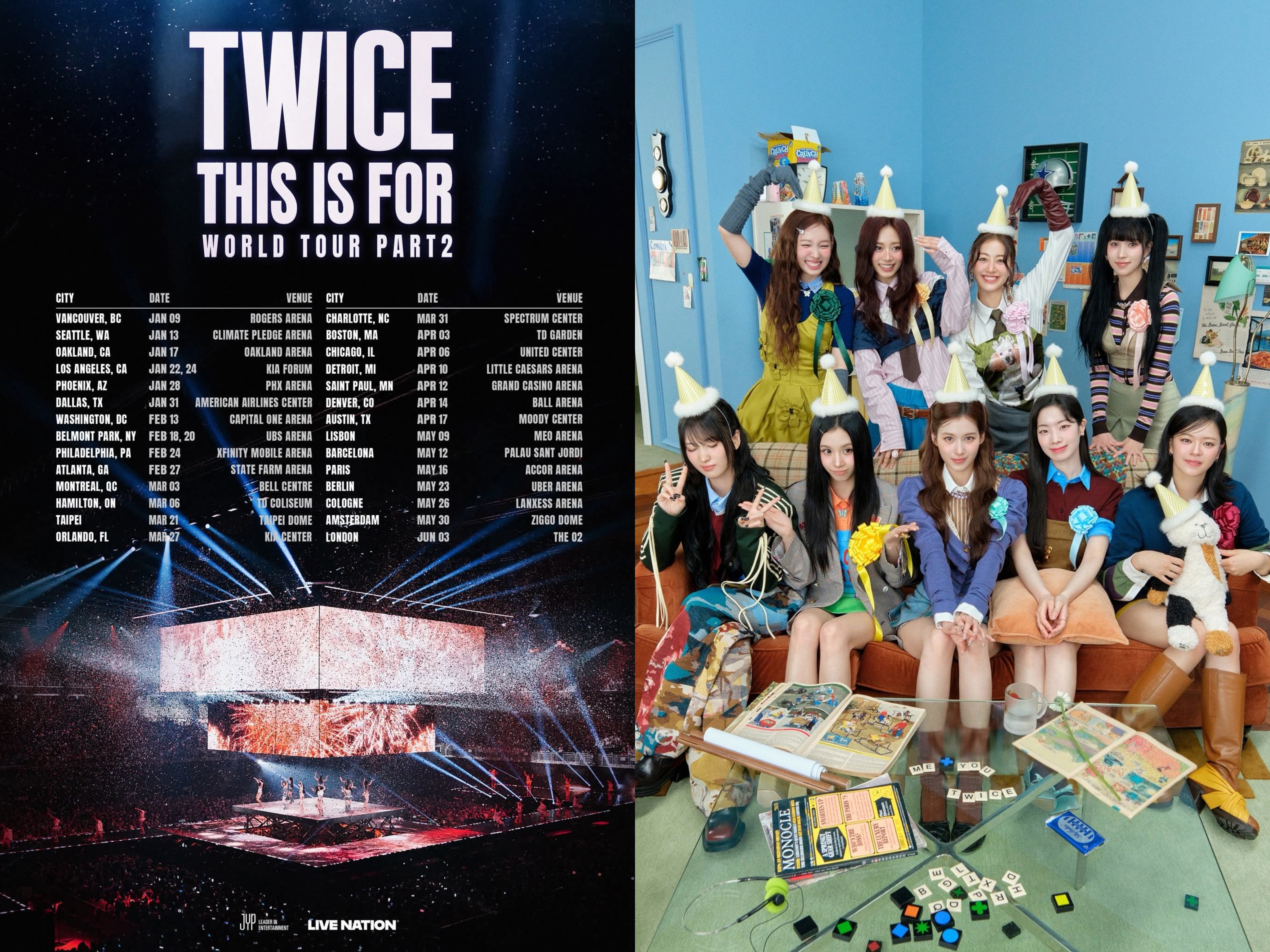 TWICE宣布將於2026年3月21日首度登上臺北大巨蛋開唱。（翻攝live nation臉書，Twice x）