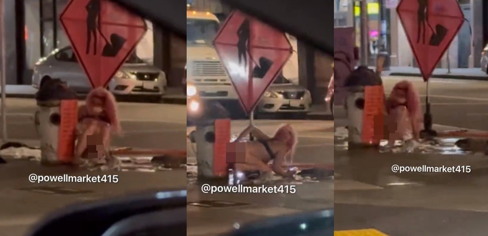 舊金山一位染粉紅色頭髮的裸女疑似破壞消防栓，靠流出的水沖澡。（翻攝X@powellmarket415）