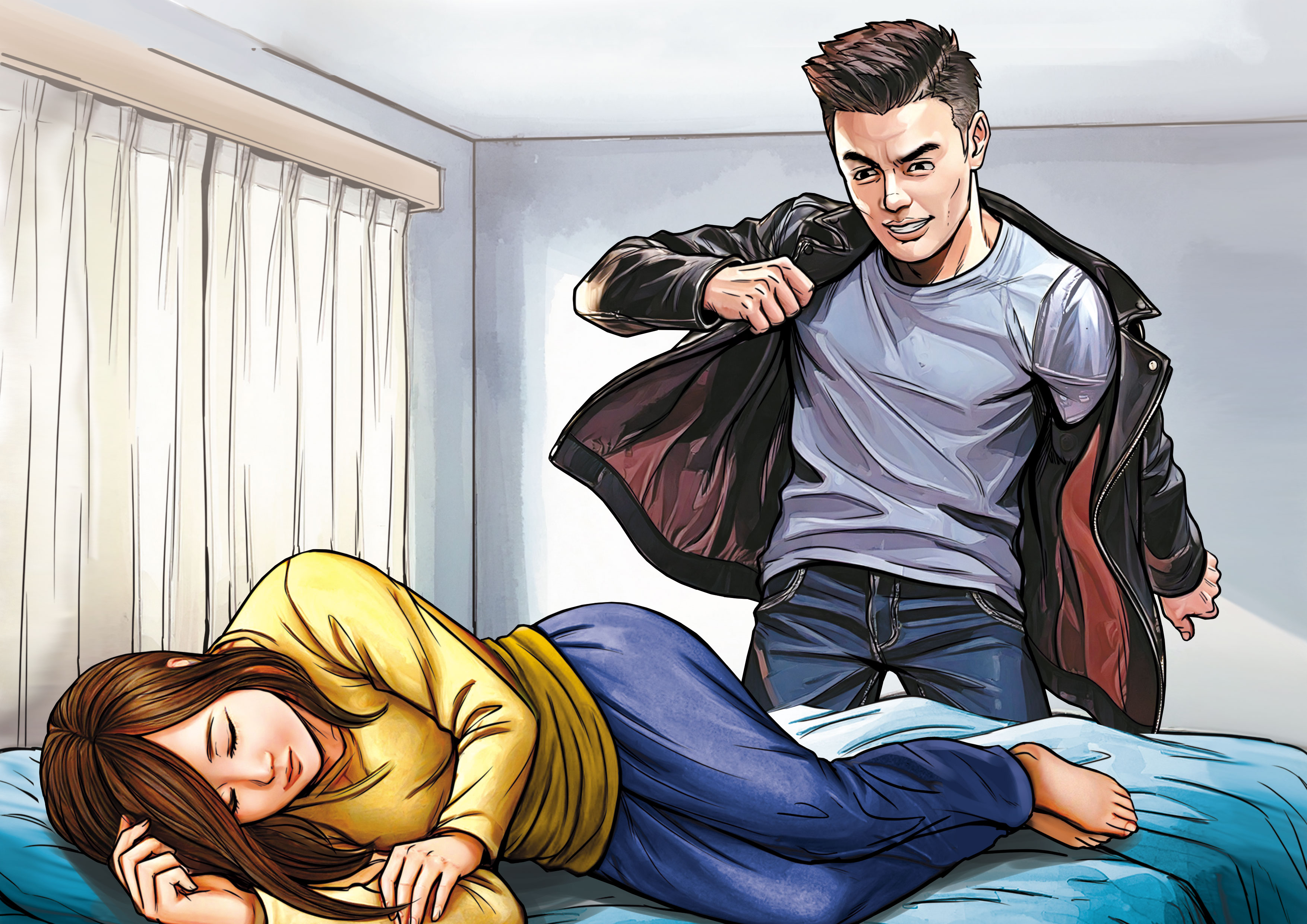 熊仁謙（右）把人妻A小姐（左）帶到尼泊爾修行，趁機下藥迷姦，害她懷孕。（示意畫面，AI繪圖Firefly生成，本刊美術組後製）