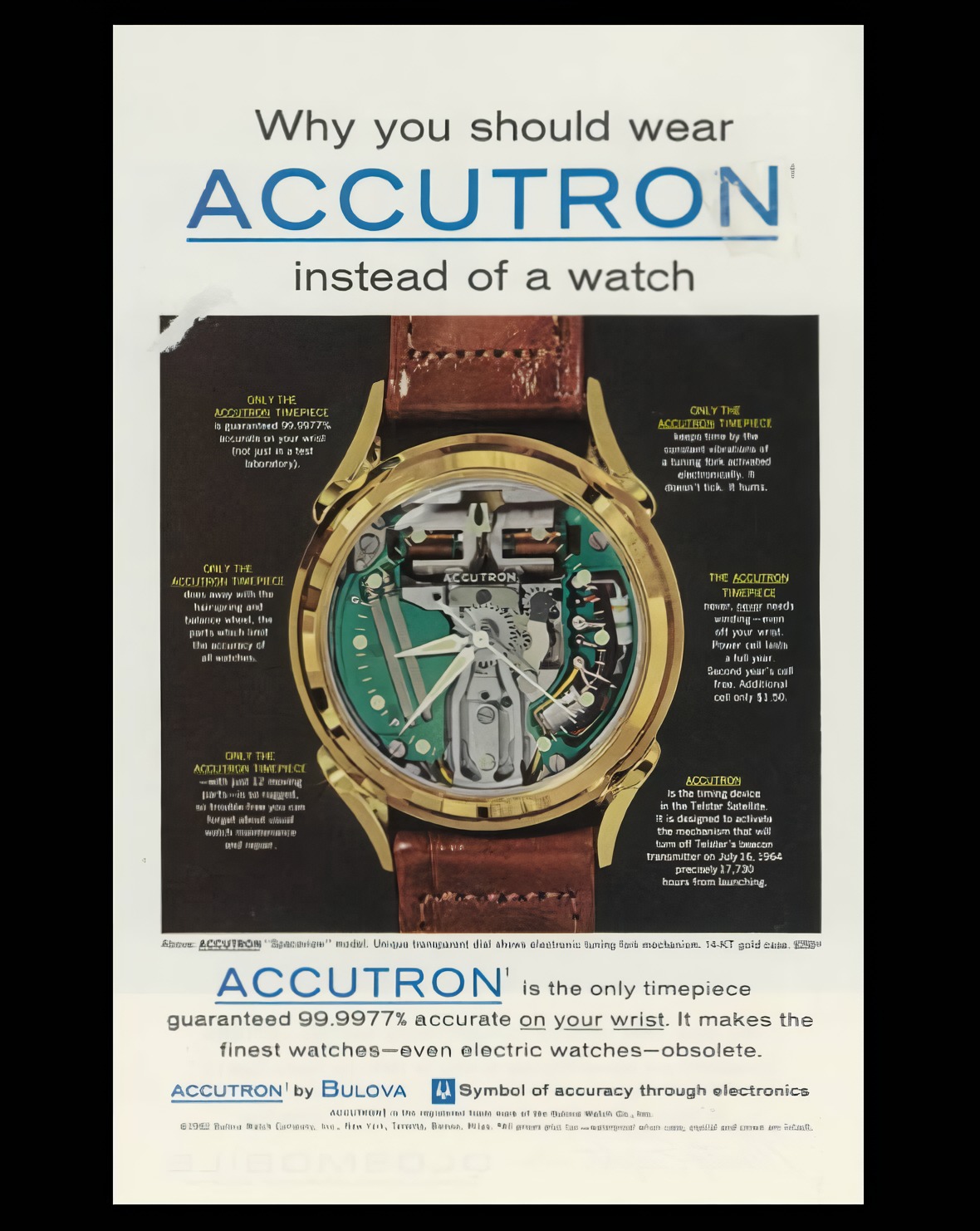1960 年 Bulova Accutron 以音叉振盪與電子電路推動齒輪，開啟Hybrid Watches雛形，但因由電池提供電力，反而更接近電子錶譜系。