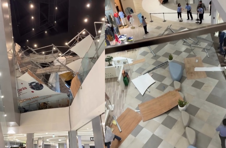 恐怖畫面曝!南港LaLaport五樓施工鷹架突倒塌「金屬桿直墜1樓」 1女頭部遭波及送醫