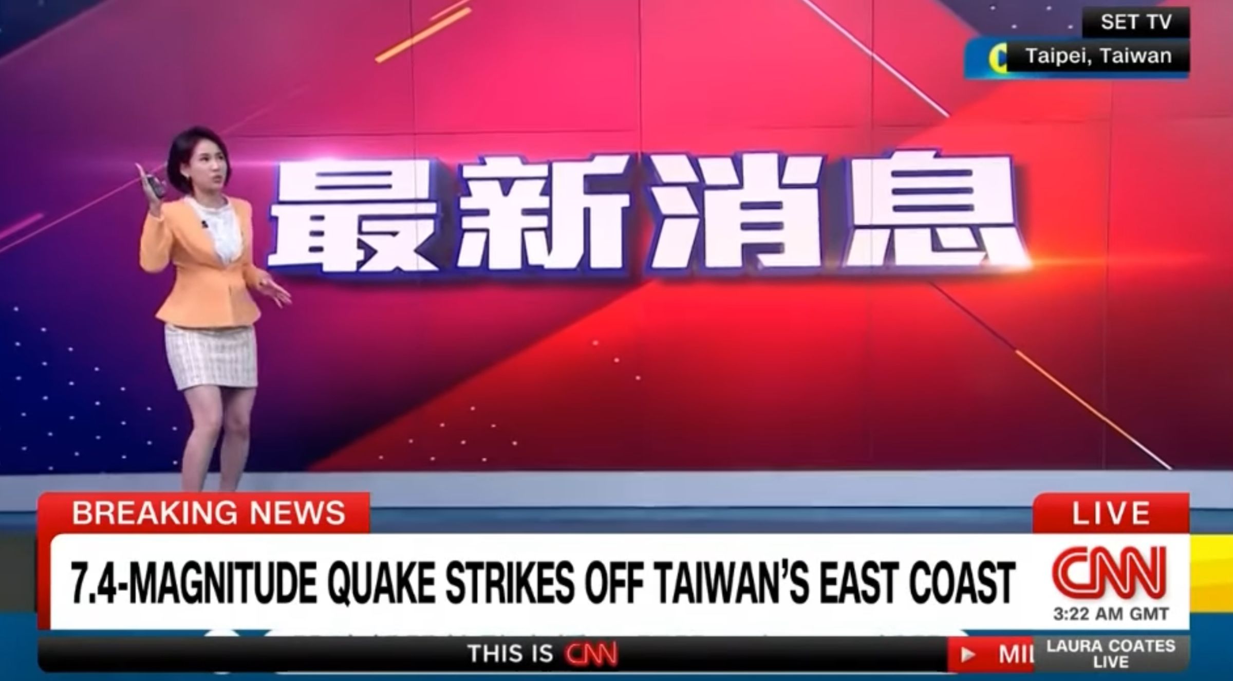 主播曾鈴媛遇到強震時,仍臨危不亂播報新聞,專業精神獲《CNN》認證。(翻攝自CNN)
