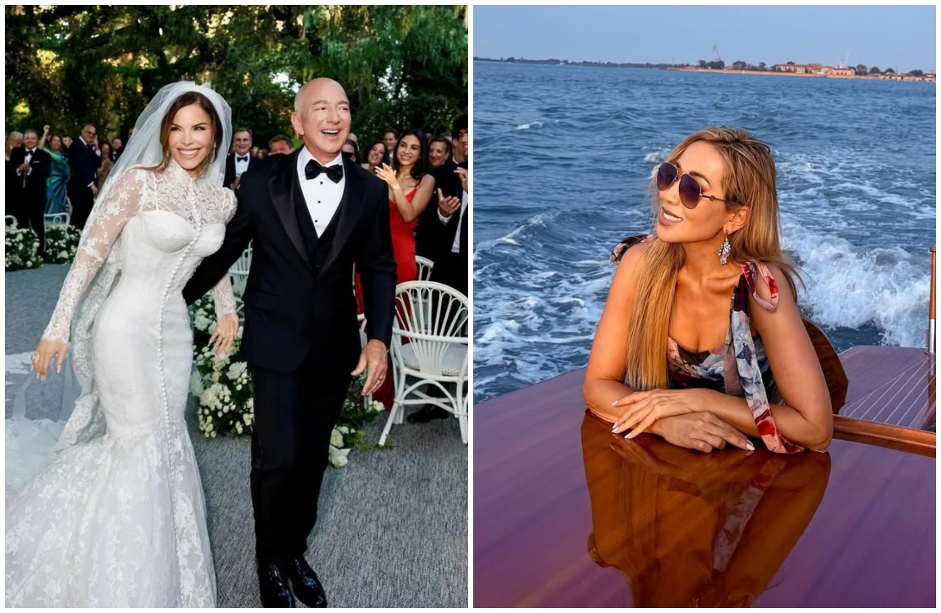 陳尚婷（右圖）受邀參加貝佐斯和桑切斯的世紀婚禮（左圖）。（翻攝tinachencraig IG、laurensanchezbezos IG）