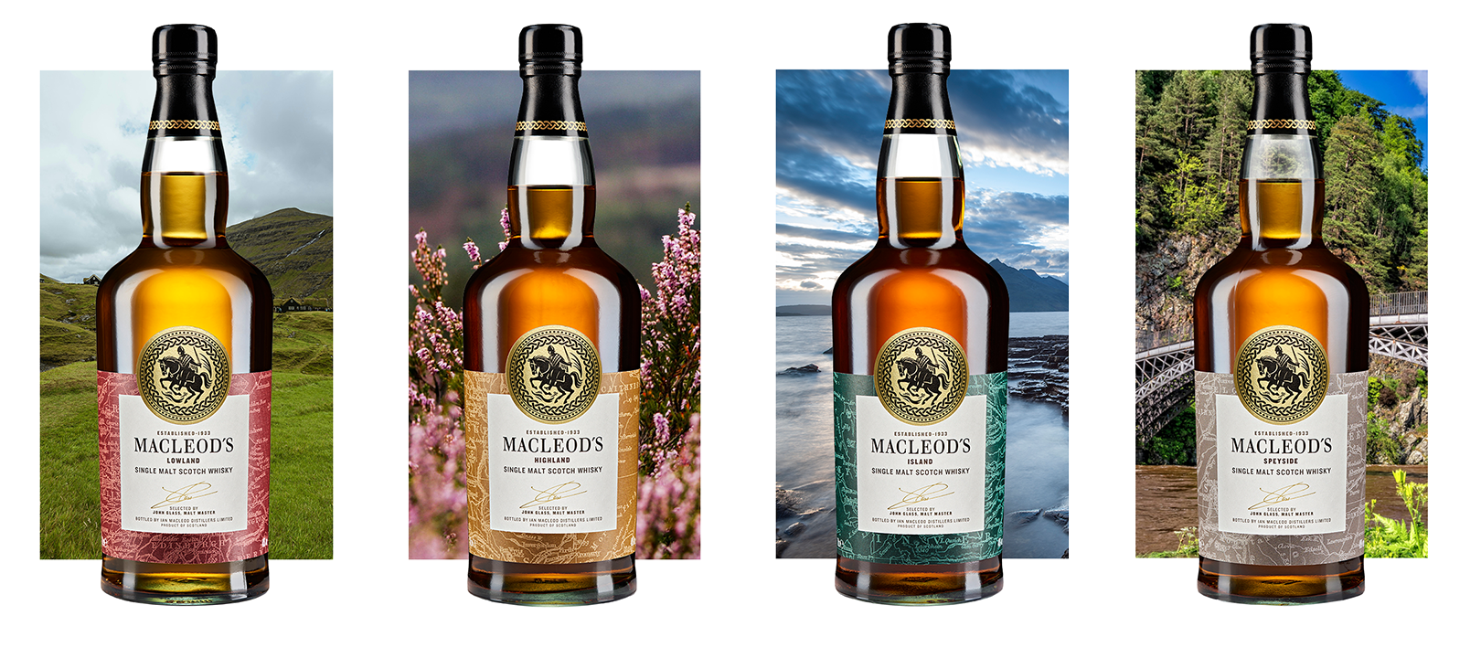 黑松公司總經銷的「麥克勞德產區系列單一麥芽威士忌」，包括高地、島嶼、低地、斯貝賽等4個產區，且具有強烈的產地風格。（皆950元／瓶，黑松提供）