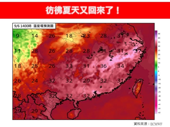 今日，天氣受東南風影響，白天台北市及新北市地區的極端高溫有衝破攝氏38度的機會。（翻攝自臉書@林老師氣象站）