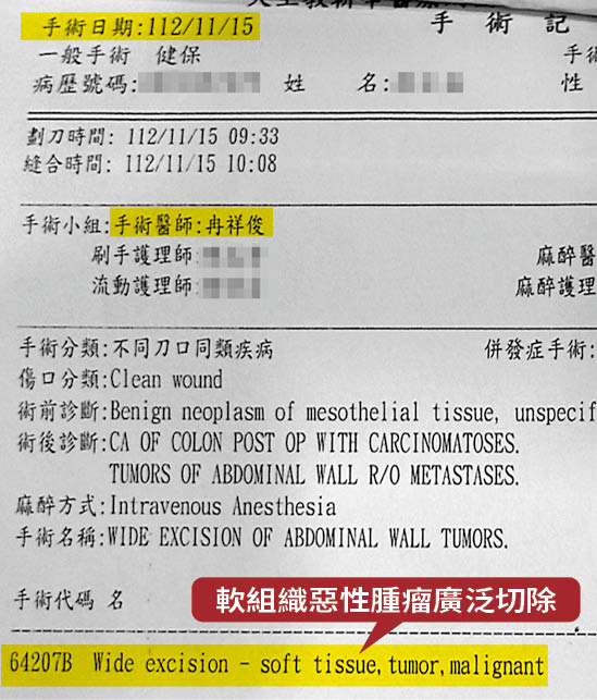 冉祥俊手術後，未將切片送驗，就直接告訴Ａ小姐是惡性腫瘤。圖為耕莘醫院2023年11月15日的紀錄。（讀者提供）