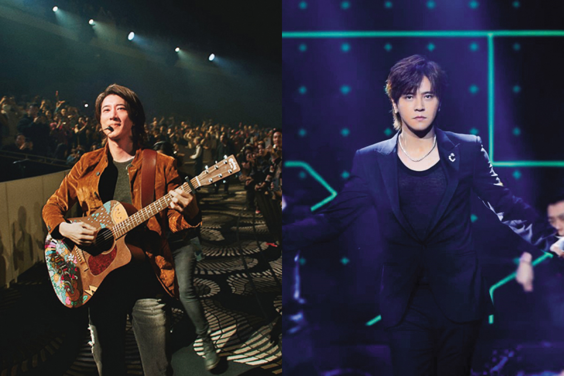 王力宏（左）正舉辦「最好的地方」世界巡迴演唱會，人氣相當高漲。羅志祥（右）演藝事業因前女友周揚青以千字文爆料後，一度遇難關，現已復工。（合成圖，左寬魚國際提供、右翻攝羅志祥臉書）