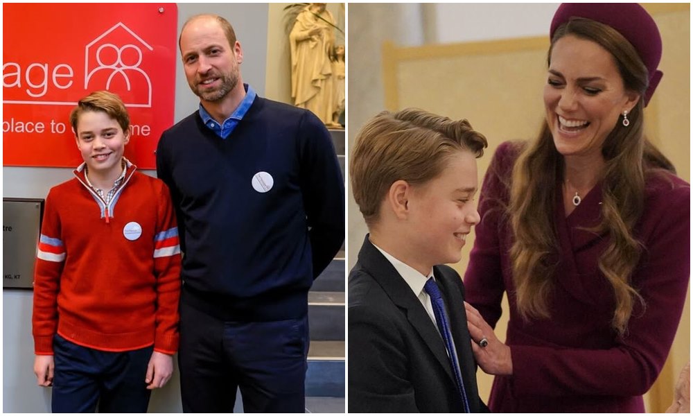 喬治王子早前跟爸爸威廉王子探訪無家可歸者（左圖），身上的紅色上衣吸引消費者搶購，頗有媽媽凱特王妃（右圖）風範。（翻攝princeandprincessofwales IG）