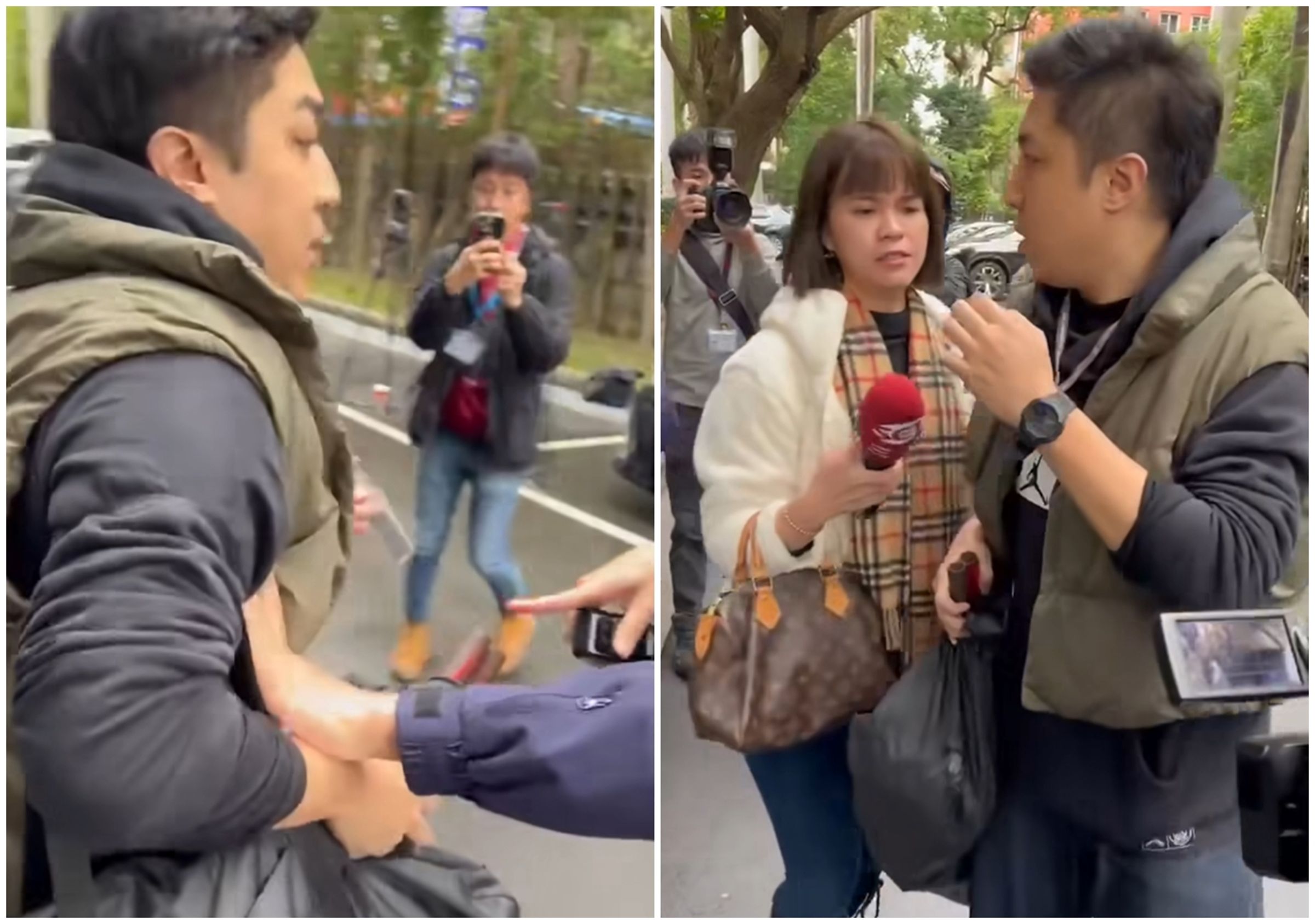 徐巧芯助理謝克洋拿著油壓剪等工具想進入議場,遭警方人員攔下阻止,《三立新聞》記者魏汶萱跳出替謝解圍,引起網友撻伐。(翻攝自網路)