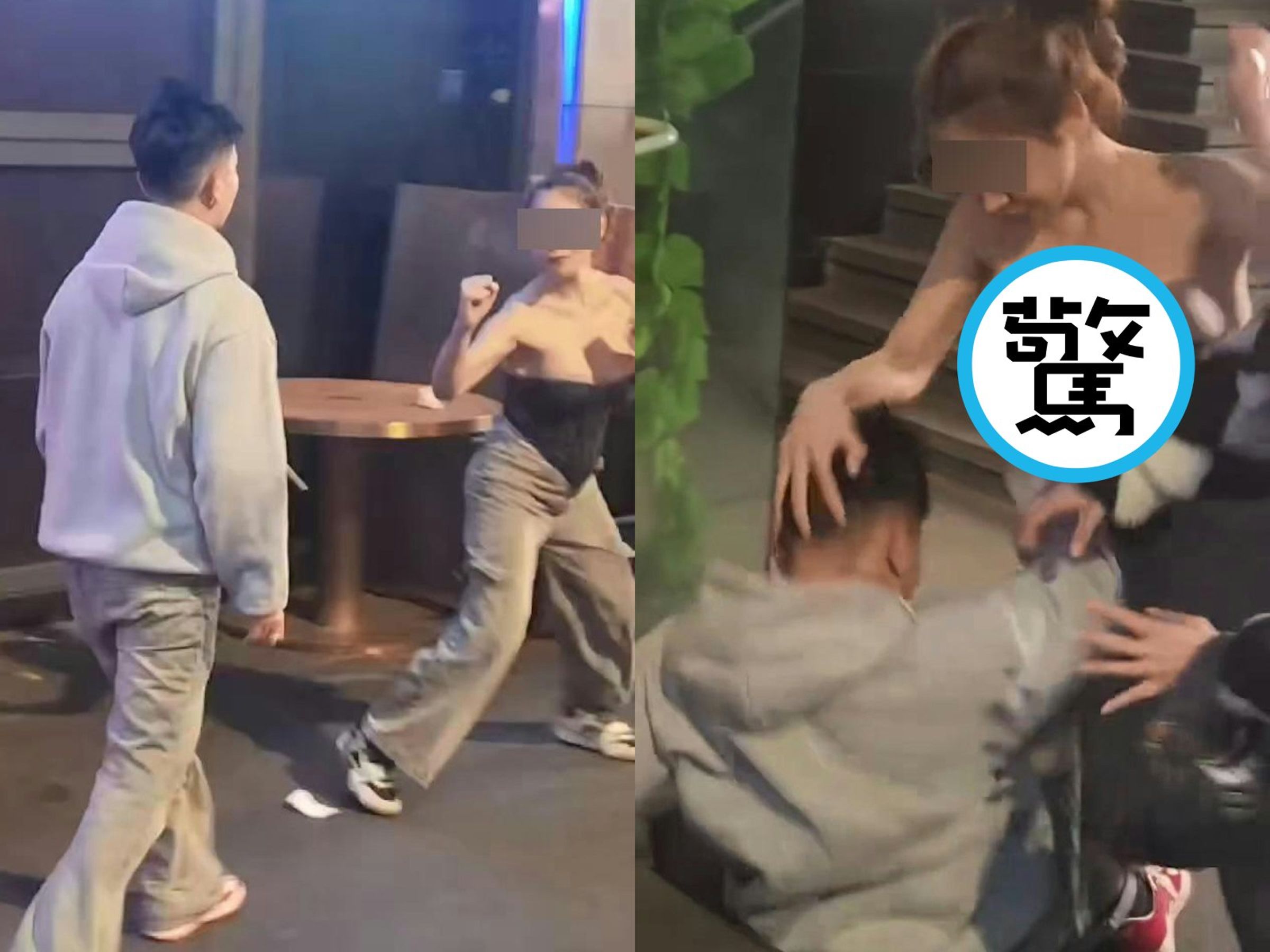 網上瘋傳一段位於蘭桂坊的男女打架影片,一名性感女子擺好架式和衛衣男打鬥,雙方都沒手下留情,男方甚至出手抓女方胸部。(翻攝自網路)