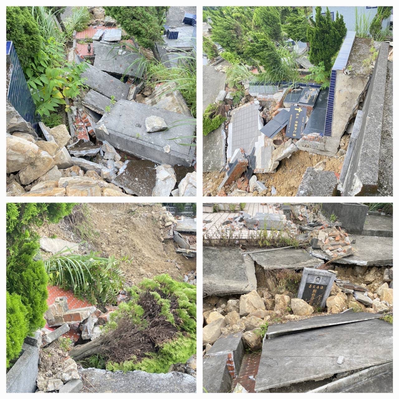 春秋墓園大規模崩塌，數十門墳墓崩落全毀，棺木骨罈甩出碎裂，遺骸四散並遭土石掩埋。（戴瑋姍服務處提供）