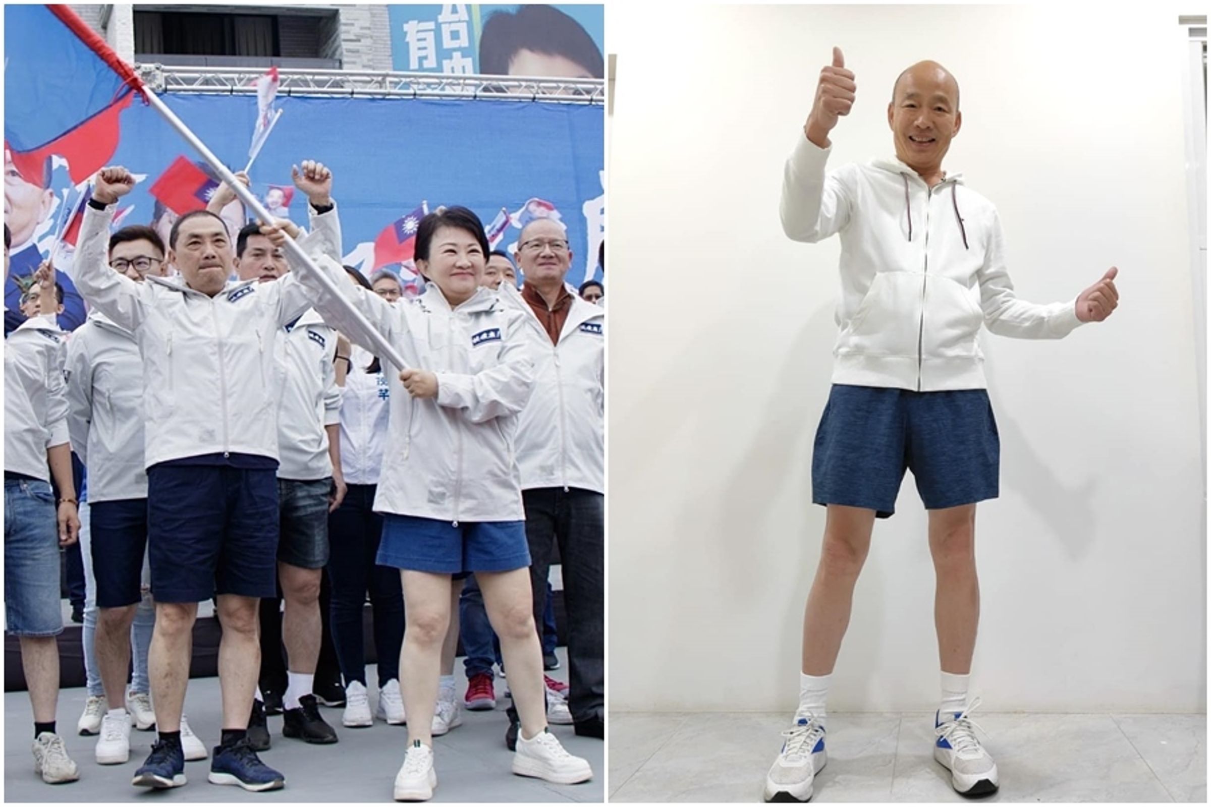 韓國瑜受盧秀燕之邀曬出短褲照挺侯,露出白皙小腿意外引起關注。(翻攝自盧秀燕、韓國瑜臉書)