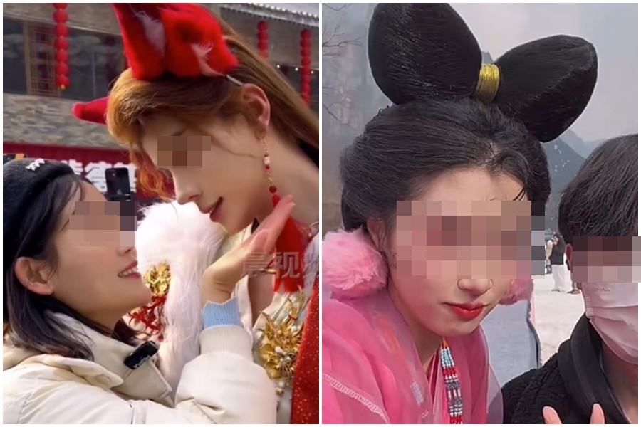 河南雲台山出現「男女妲己」，供民眾沉浸式合照服務。（翻攝自微博）